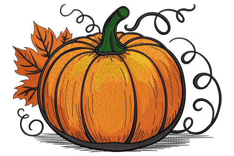 Autumn pumpkin embroidery design with curling vines and oak leaves in deep orange, amber, green and black.