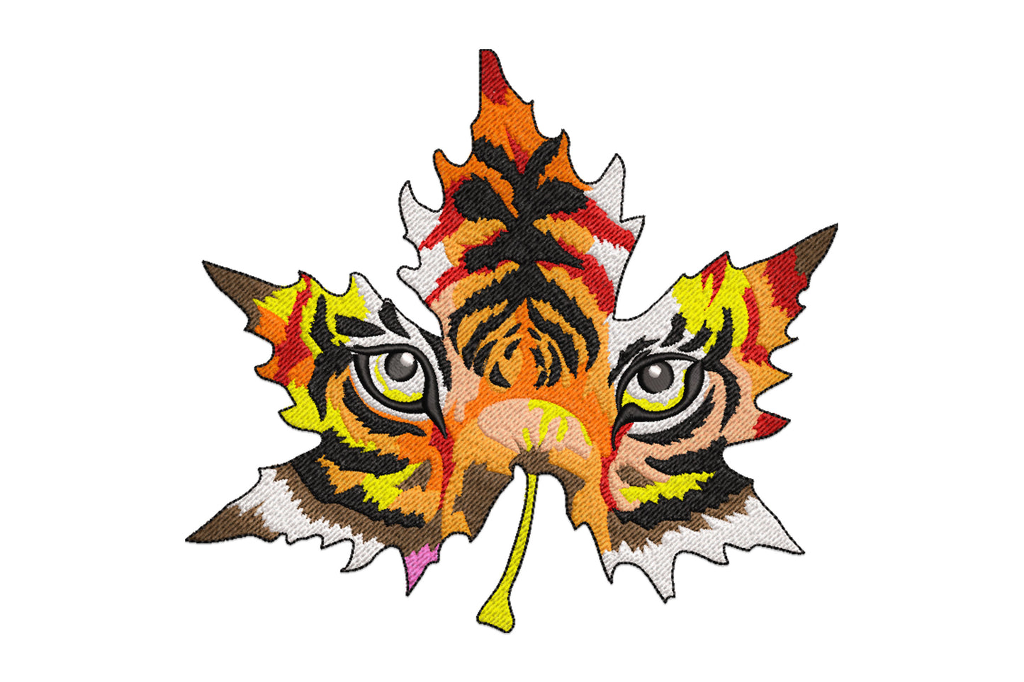 Autumn tiger leaf embroidery design with tiger face merged into a maple leaf in orange, dark red, yellow and black.
