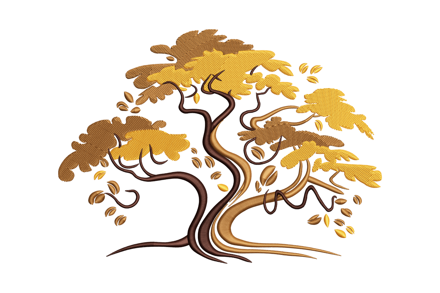 Autumn tree embroidery design with wide spreading canopy in burnt orange and rust red on white cotton fabric