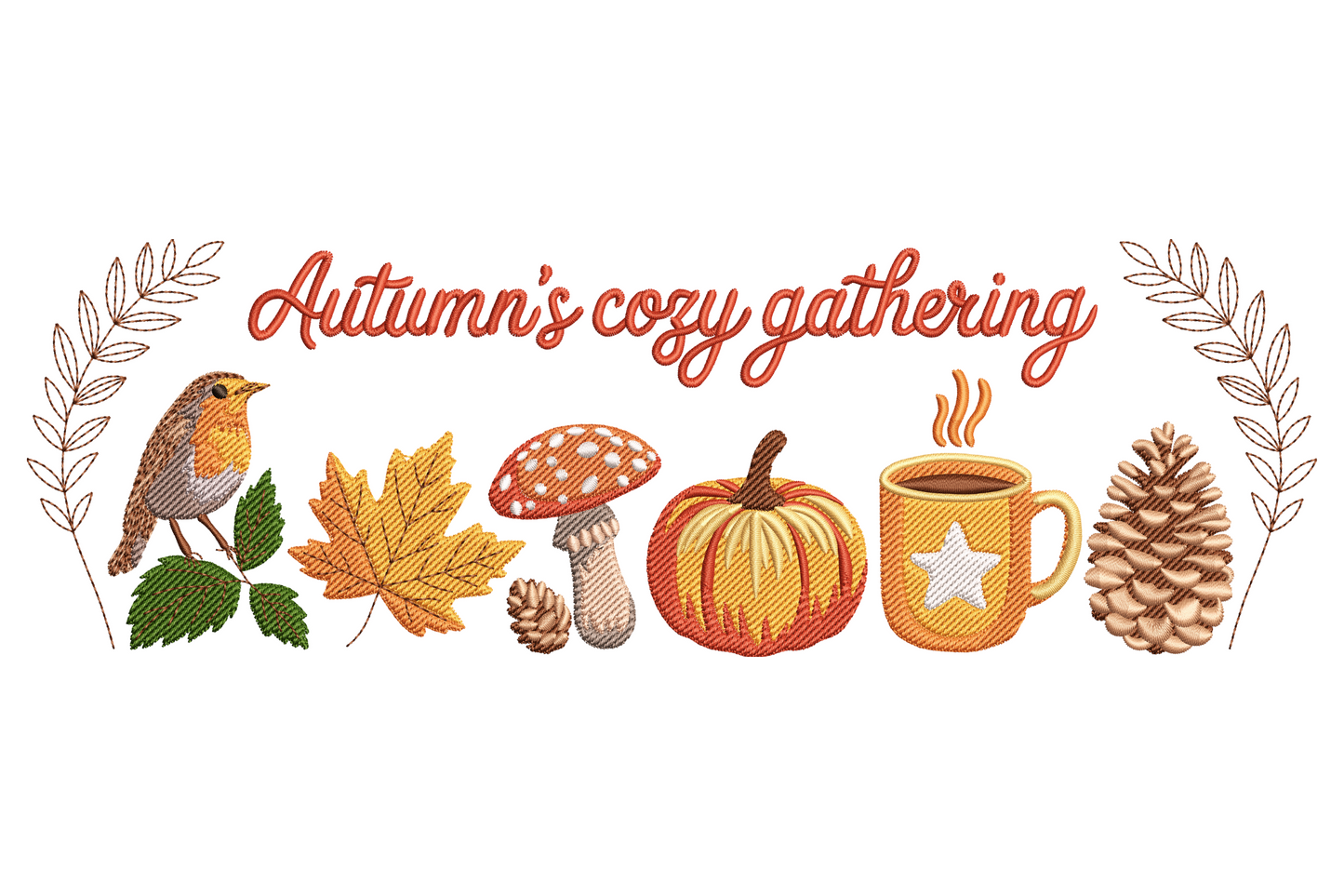 Autumn cozy gathering embroidery, wide panoramic fall scene banner with pumpkins, leaves and seasonal elements in 15 warm autumn colours.