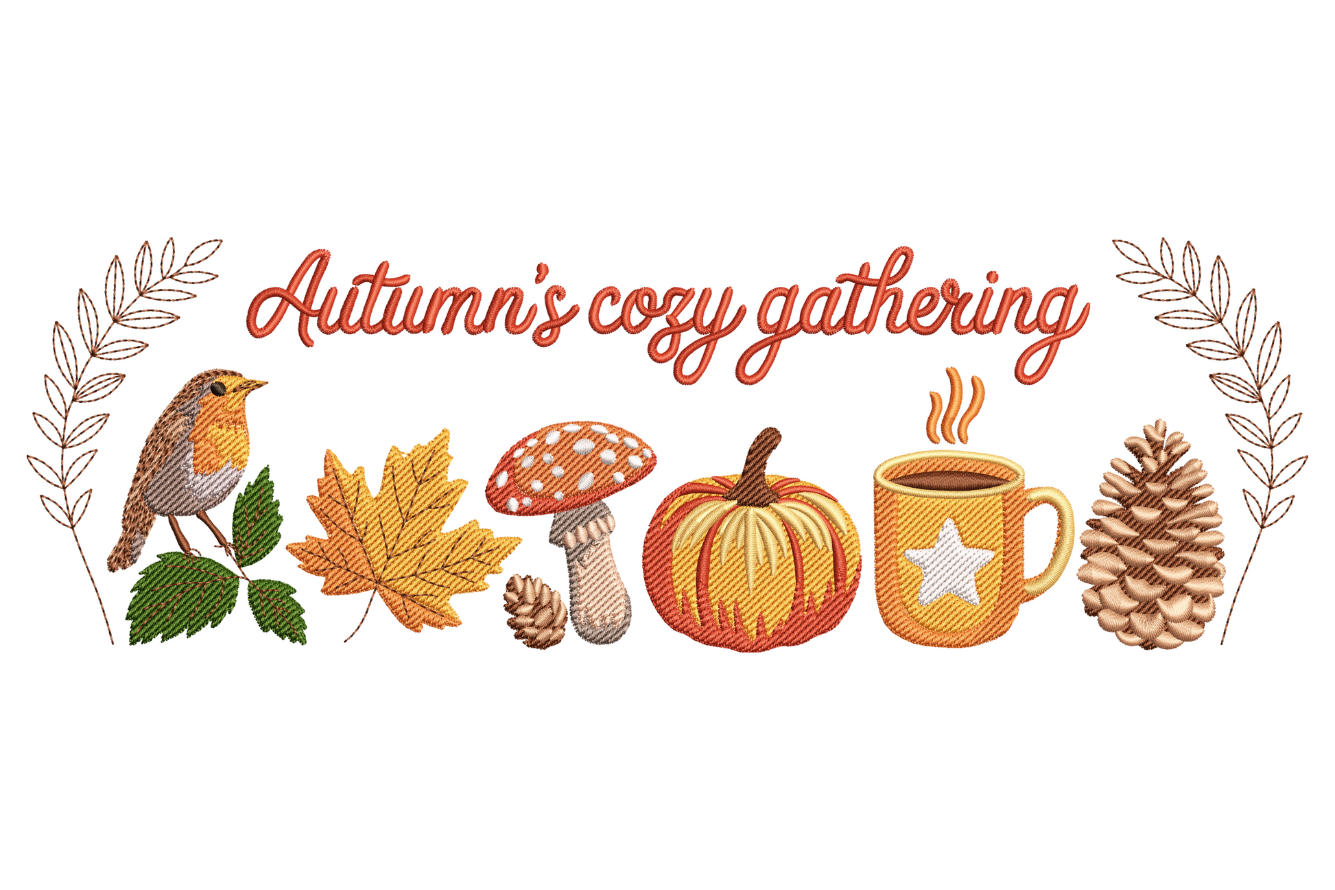 Autumn cozy gathering embroidery, wide panoramic fall scene banner with pumpkins, leaves and seasonal elements in 15 warm autumn colours.