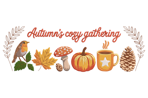 Autumn cozy gathering embroidery, wide panoramic fall scene banner with pumpkins, leaves and seasonal elements in 15 warm autumn colours.