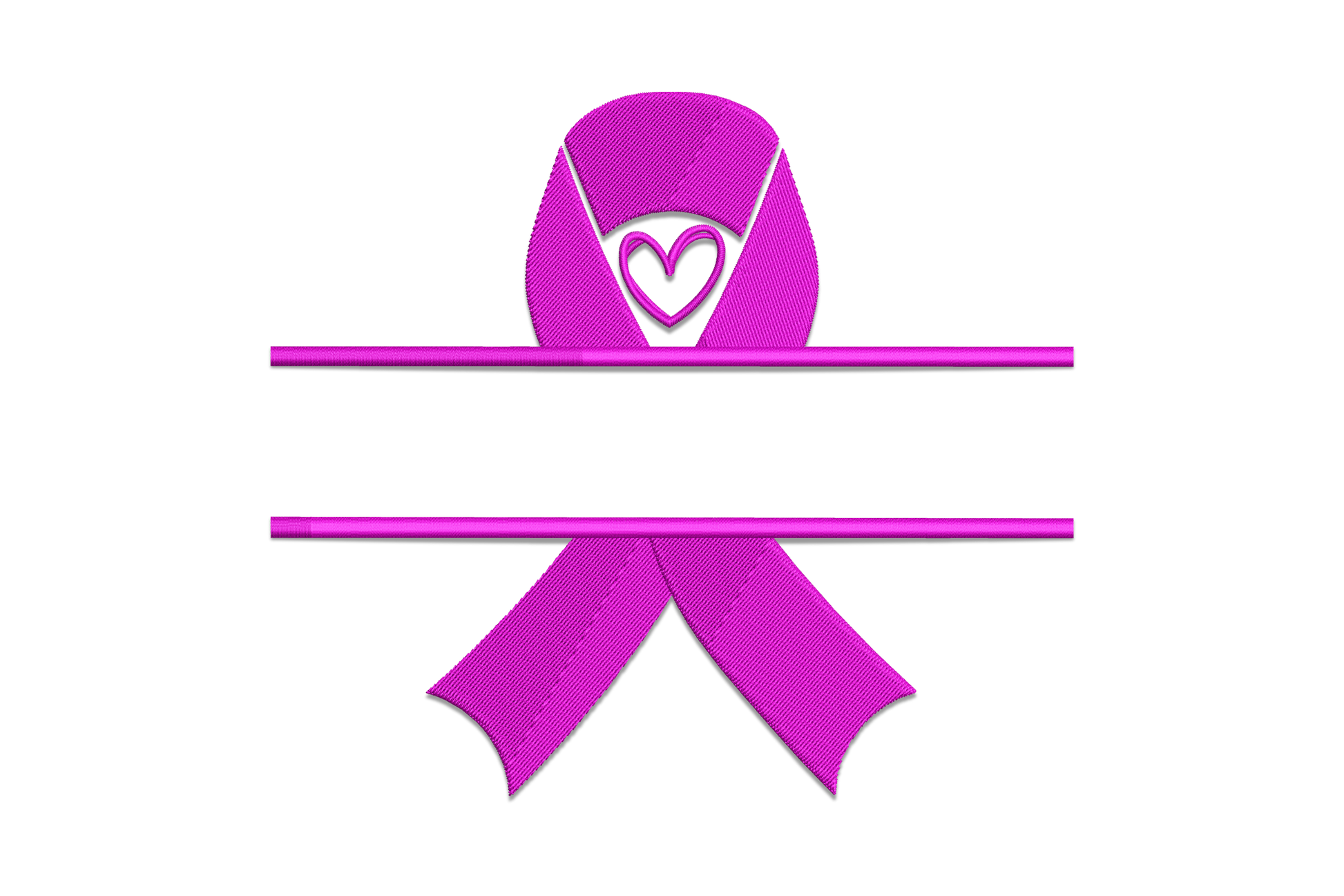 Awareness ribbon folded into a heart frame embroidery design, single colour satin fill, 5 sizes 3 to 6.5 inches