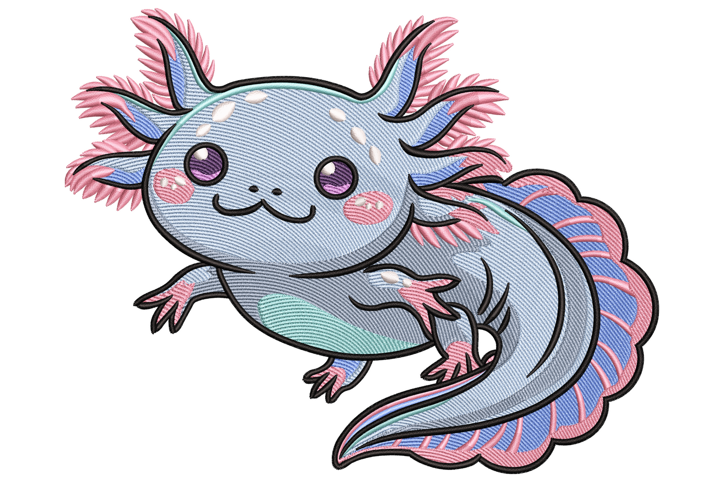 Cute pink axolotl machine embroidery design with feathery coral and lavender gills, round black eyes, rosy cheek dots, and a tiny smile in soft kawaii style.