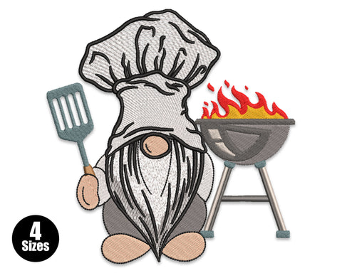BBQ chef gnome embroidery holding spatula in chef hat and grilling apron, standing at a grill in 10 thread colours.
