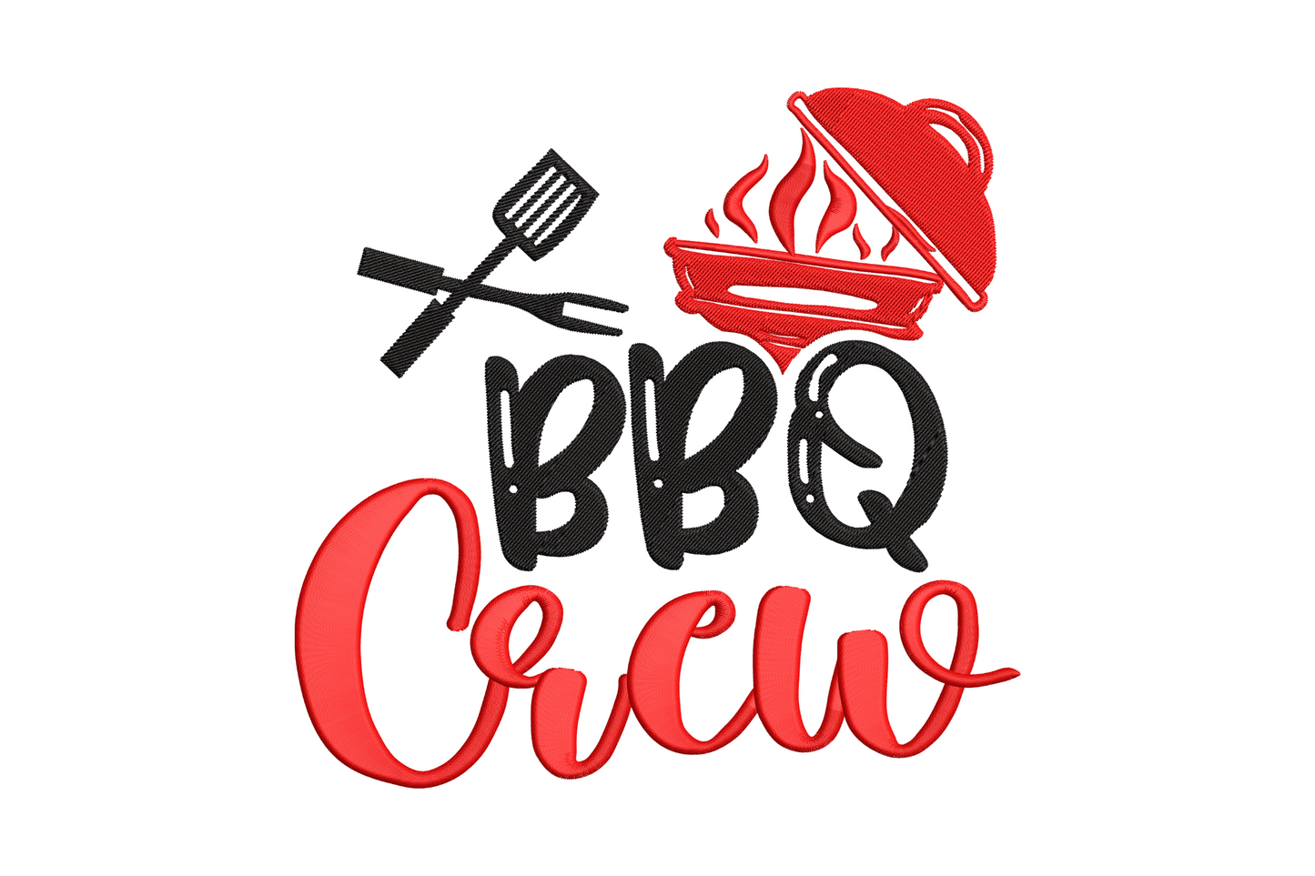 BBQ Crew typography embroidery design with bold slab-serif lettering in ivory and cherry red on black tee fabric.