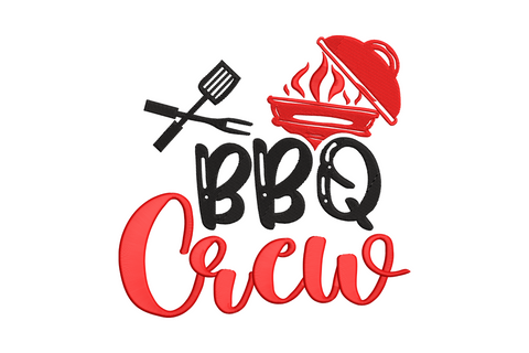 BBQ Crew typography embroidery design with bold slab-serif lettering in ivory and cherry red on black tee fabric.