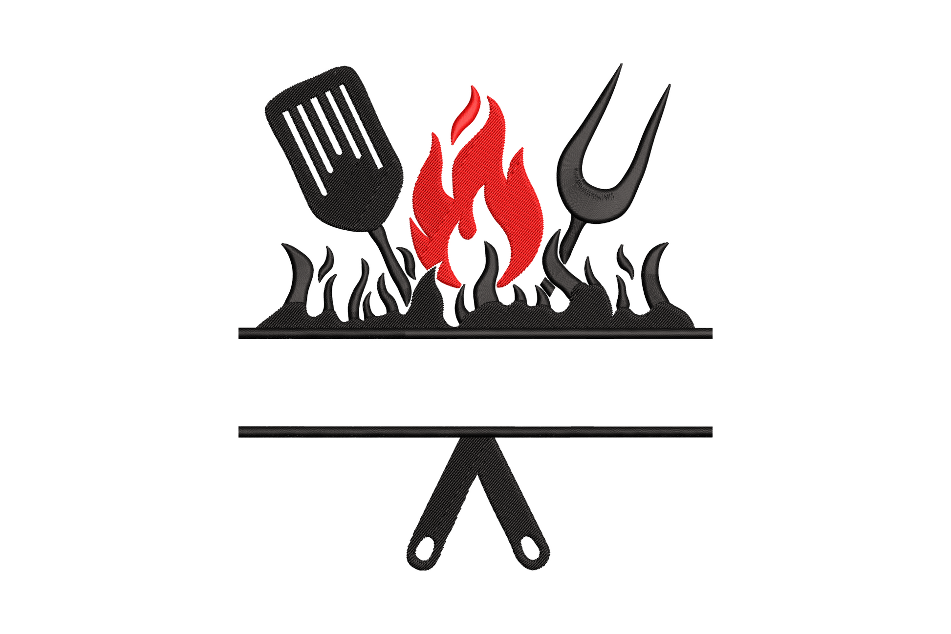 BBQ grill embroidery with red fire flames, black spatula and fork, split monogram frame format, 2 colour design