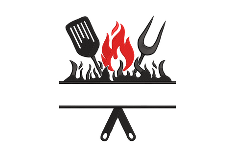BBQ grill embroidery with red fire flames, black spatula and fork, split monogram frame format, 2 colour design