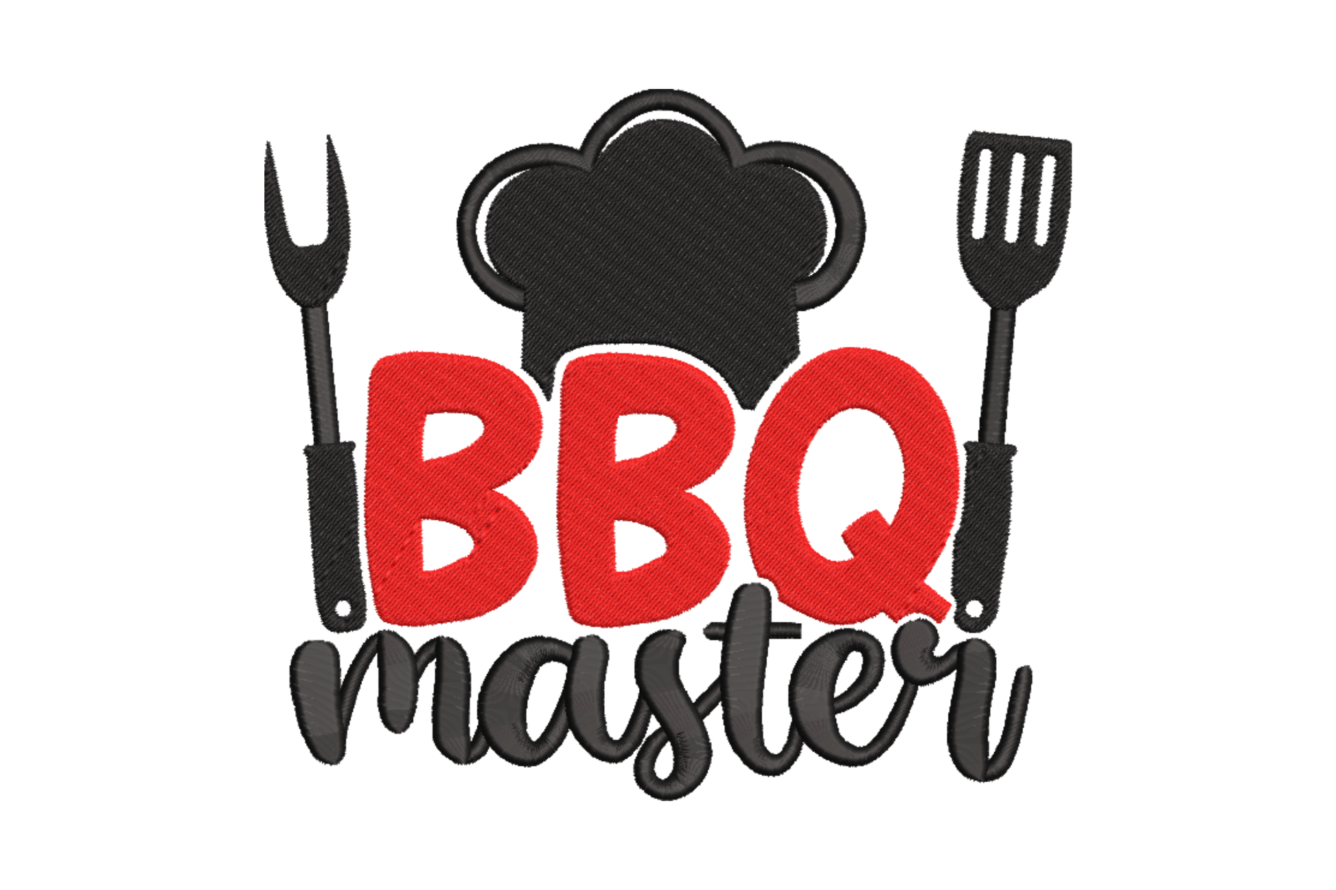 BBQ Master embroidery design with bold red block letters, chef hat, grill fork and spatula and cursive master script