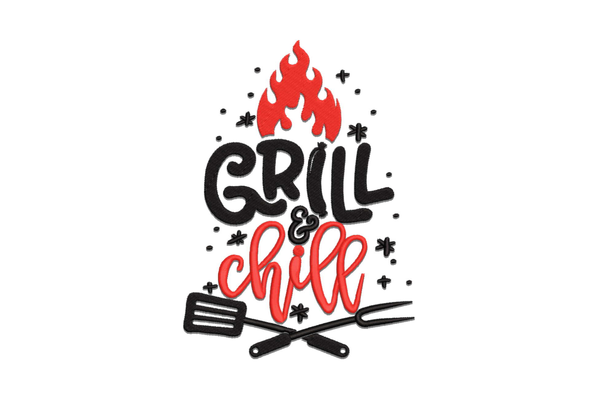 Grill and Chill BBQ embroidery design with red flames, black slab Grill, red script Chill, crossed spatula and bbq fork.