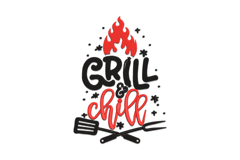 Grill and Chill BBQ embroidery design with red flames, black slab Grill, red script Chill, crossed spatula and bbq fork.