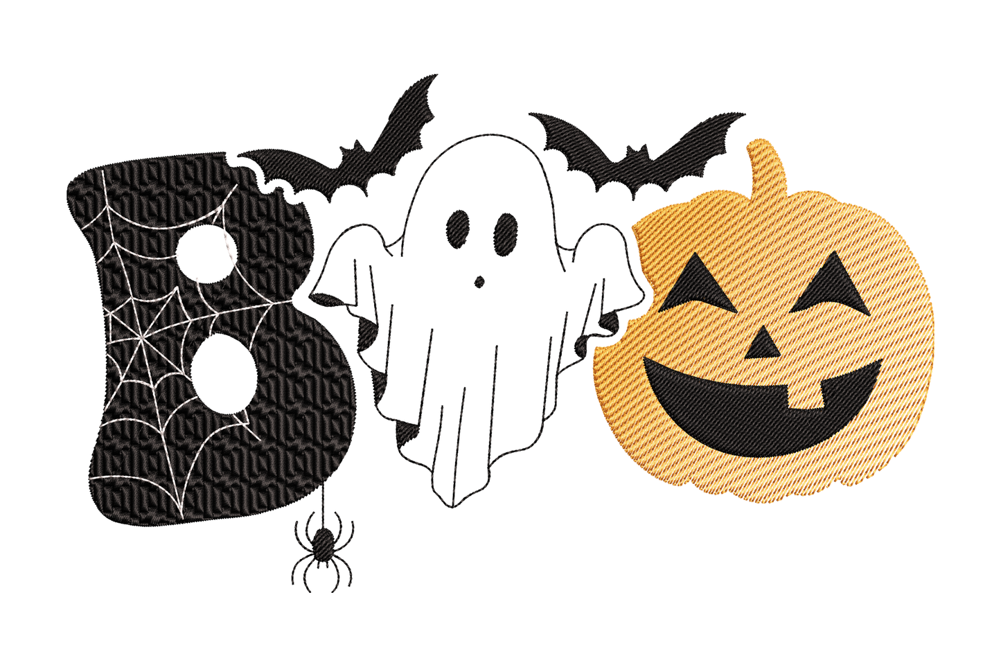 BOO ghost pumpkin Halloween embroidery design with spiderweb B letter, white ghost O, and jack-o-lantern O, machine embroidery pattern 5 sizes.