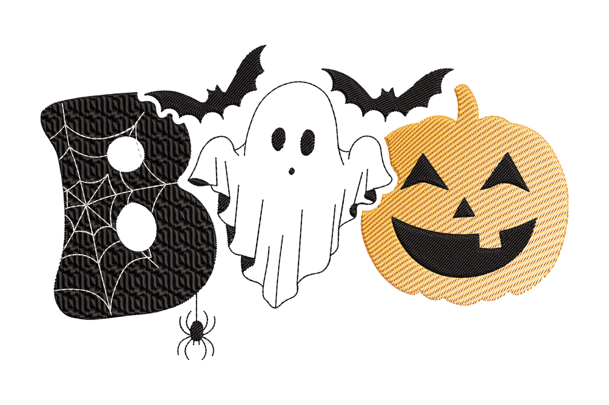 BOO ghost pumpkin Halloween embroidery design with spiderweb B letter, white ghost O, and jack-o-lantern O, machine embroidery pattern 5 sizes.