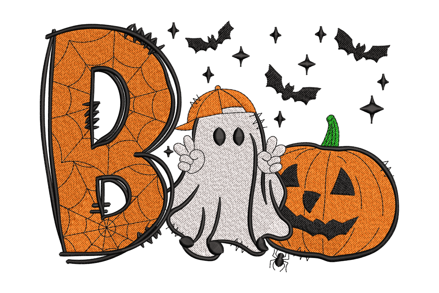 BOO Halloween machine embroidery design with ghost as middle letter, orange spider web fill, jack-o-lantern and bats, 4 colours on white background