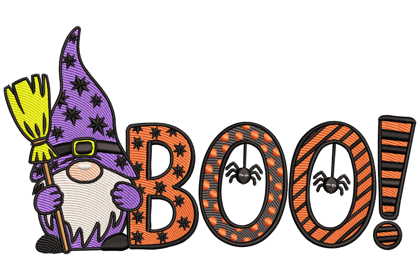 Halloween BOO gnome embroidery design with purple witch hat and broom beside striped BOO lettering with spider web detail.