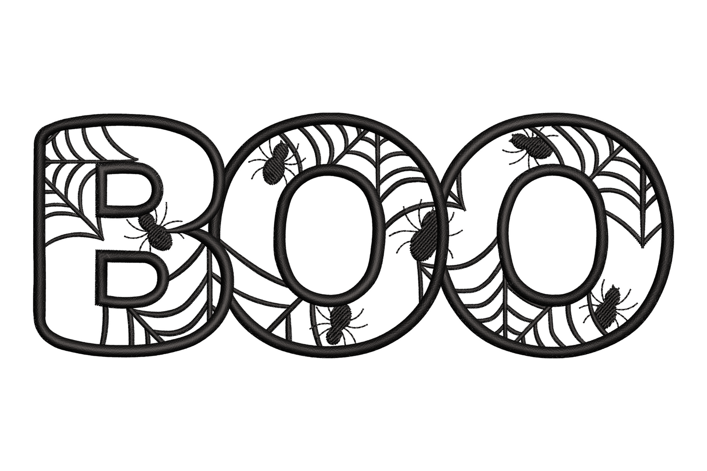 BOO Halloween embroidery design showing tall vertical block lettering in bold satin stitch, single colour, rounded hand-lettered font style on dark fabric