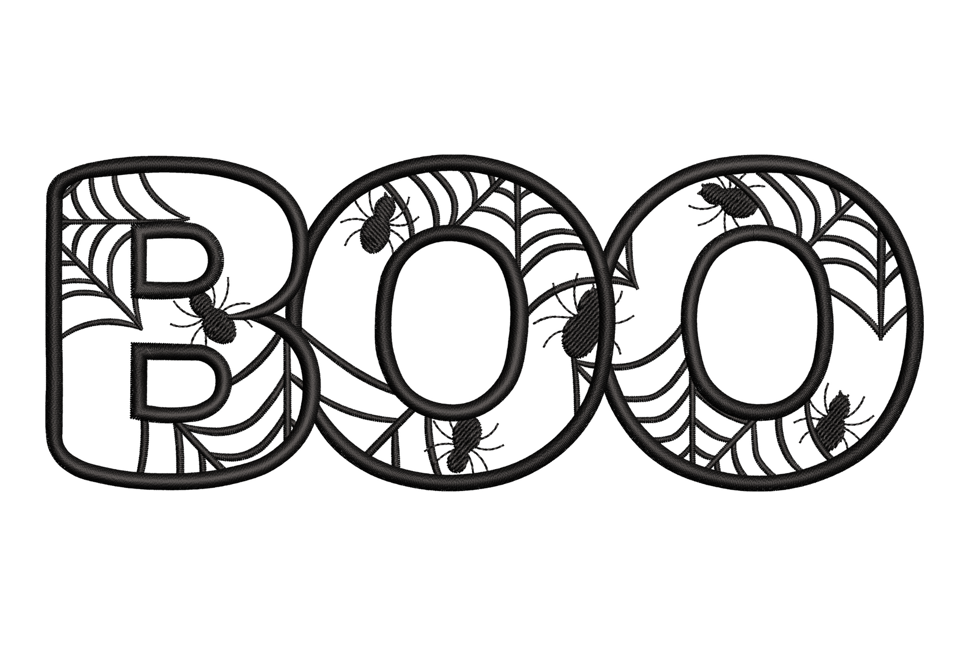 BOO Halloween embroidery design showing tall vertical block lettering in bold satin stitch, single colour, rounded hand-lettered font style on dark fabric