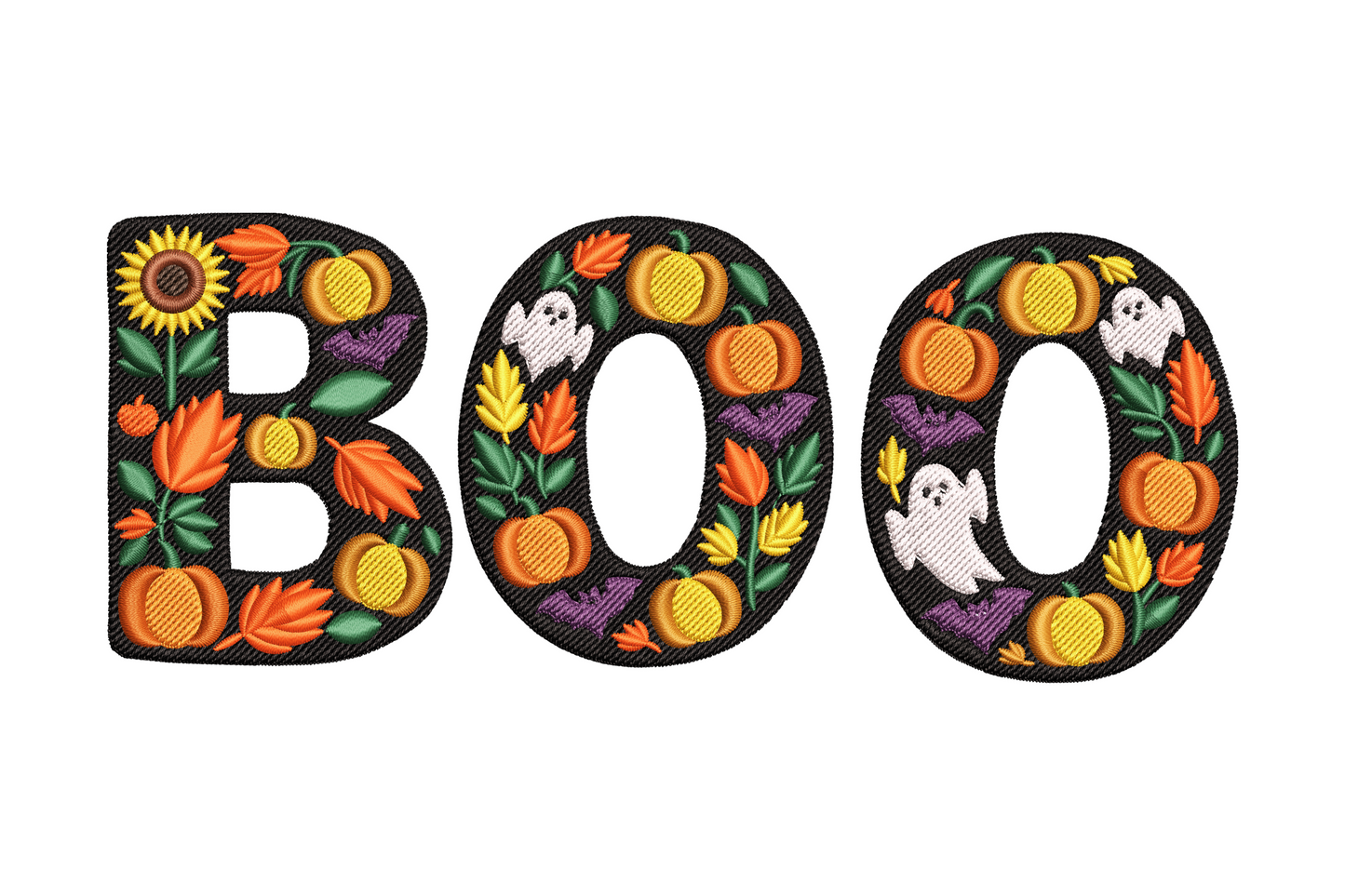 BOO Halloween embroidery in bold block letters filled with ghost, bat and spooky Halloween details, 11 colour complex design