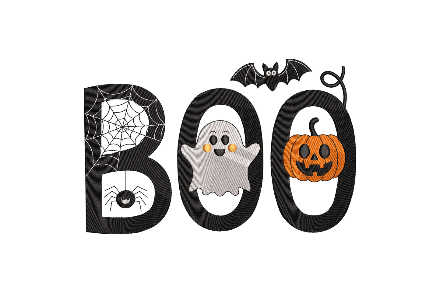 Halloween-themed decoration with 'BOO' letters featuring a ghost, bat, spider web, and pumpkin.