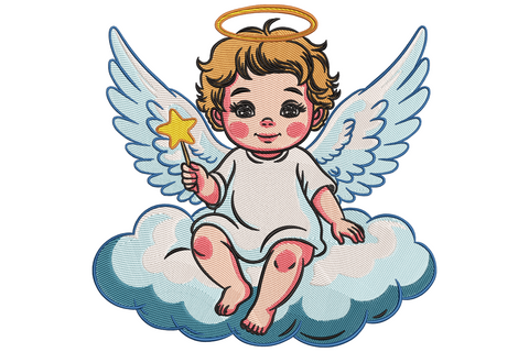 Baby angel cherub sitting on a pale blue cloud, gold halo, yellow star wand, white feather wings, warm skin tones and dark curly hair, 10-colour embroidery design.