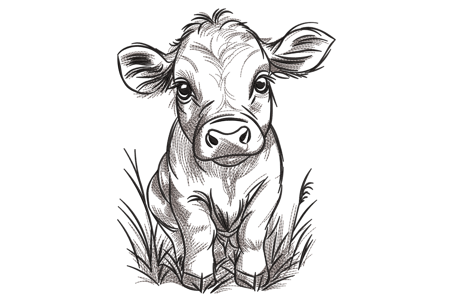 Baby calf line art embroidery design, sketchy hand-drawn calf sitting in tall grass, single colour outline stitching