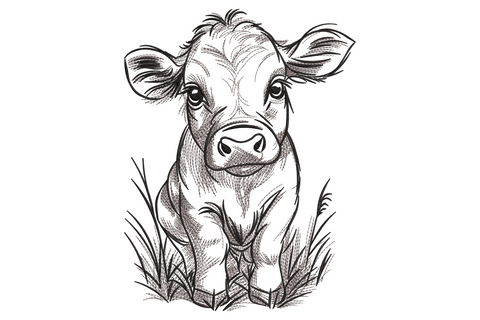 Baby calf line art embroidery design, sketchy hand-drawn calf sitting in tall grass, single colour outline stitching