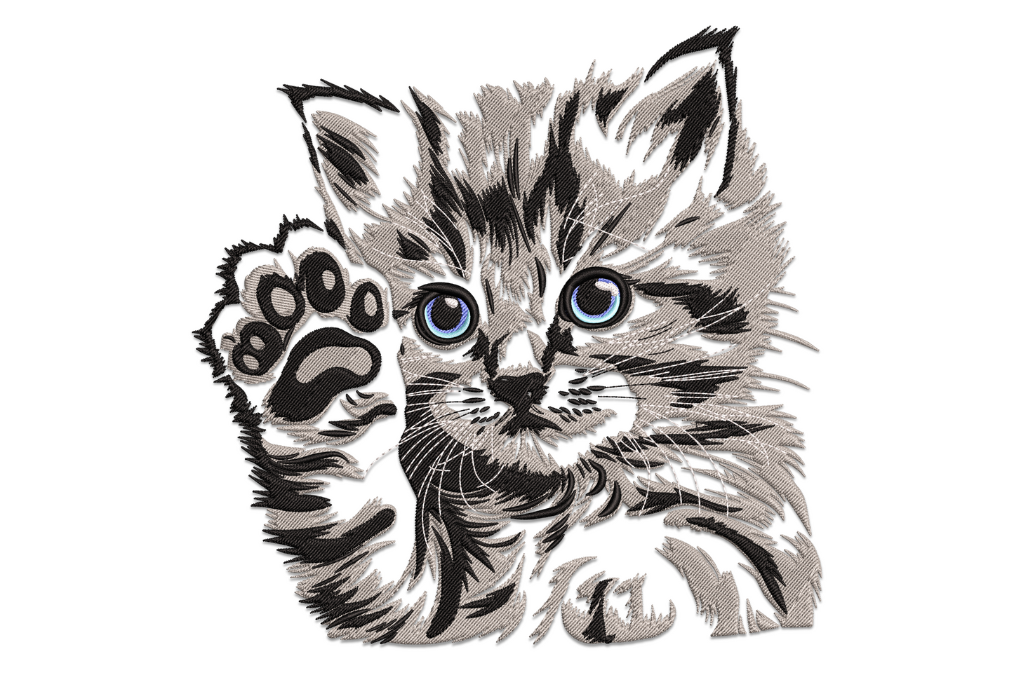 Tabby kitten embroidery design with one paw raised, bright blue eyes, directional fur fills in grey and white.