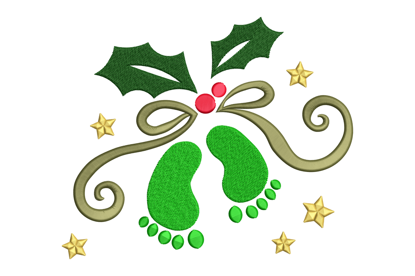Baby Christmas footprints embroidery with holly berries gold stars and olive ribbon bow in green and red thread