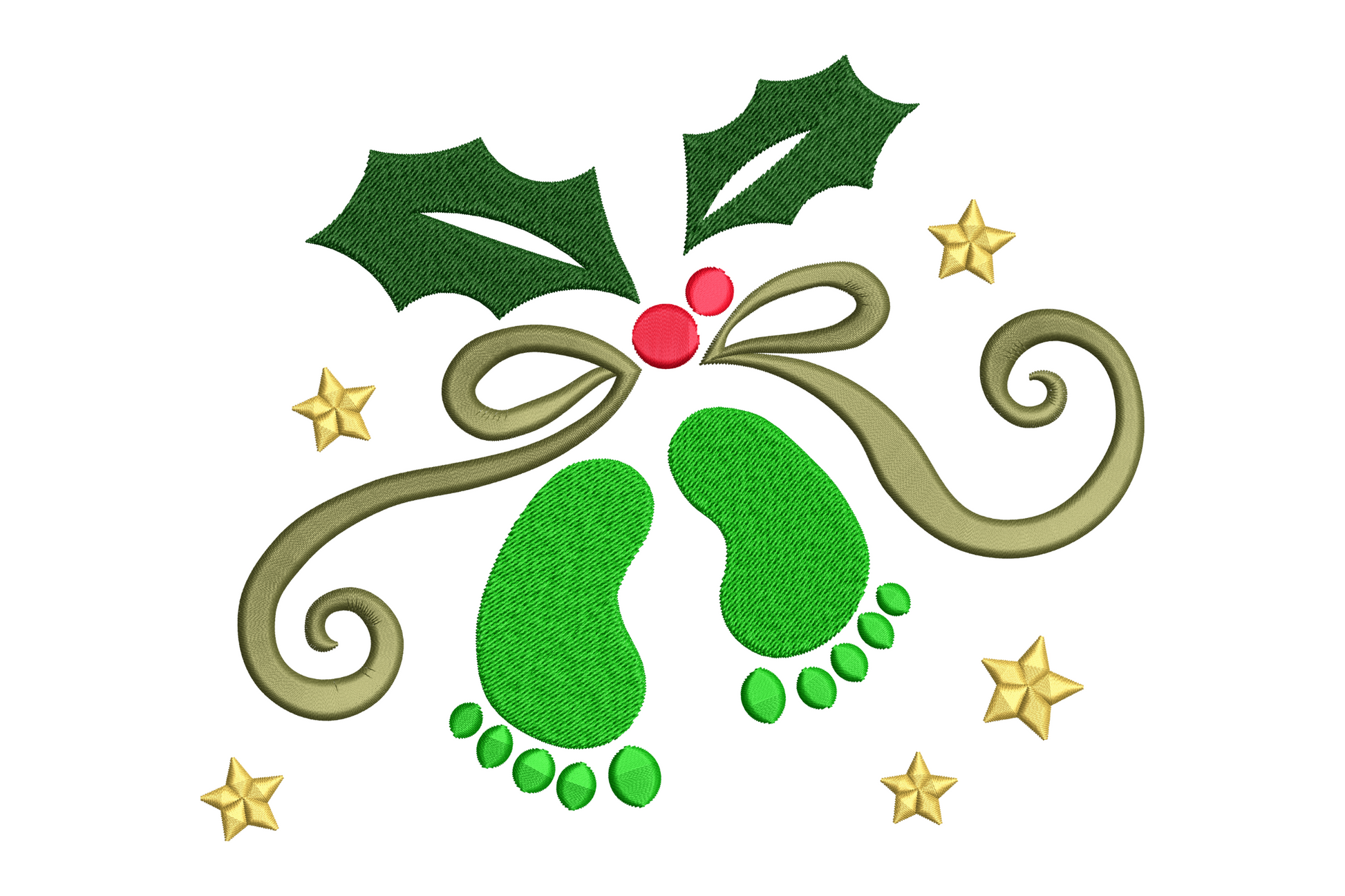 Baby Christmas footprints embroidery with holly berries gold stars and olive ribbon bow in green and red thread