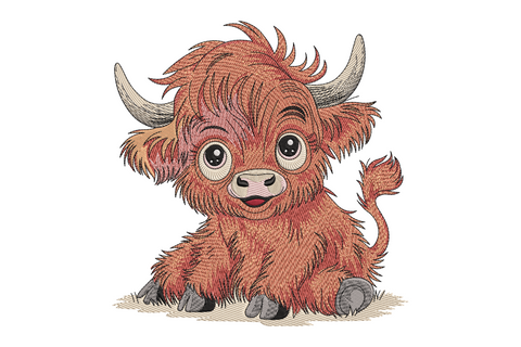 Baby cow cartoon farm animal embroidery design with round eyes, Holstein patches and pink snout, 9 colours, cute kids style