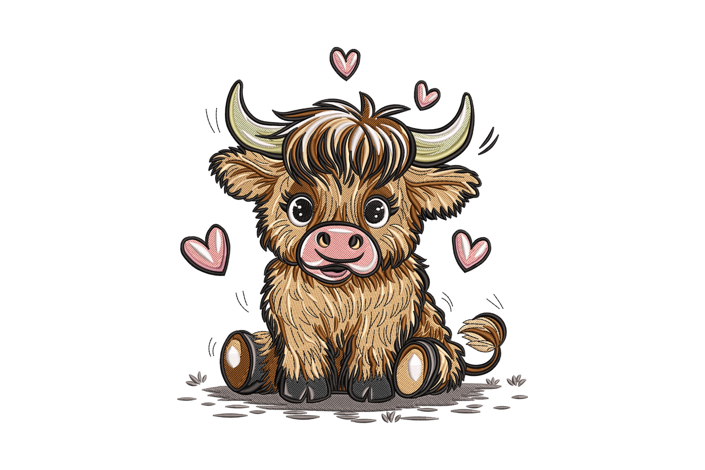 Baby highland cow embroidery with shaggy fringe, big dark eyes, pink nose, and three floating coral hearts in eleven colours