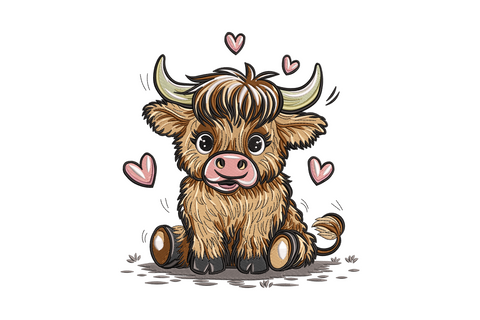 Baby highland cow embroidery with shaggy fringe, big dark eyes, pink nose, and three floating coral hearts in eleven colours