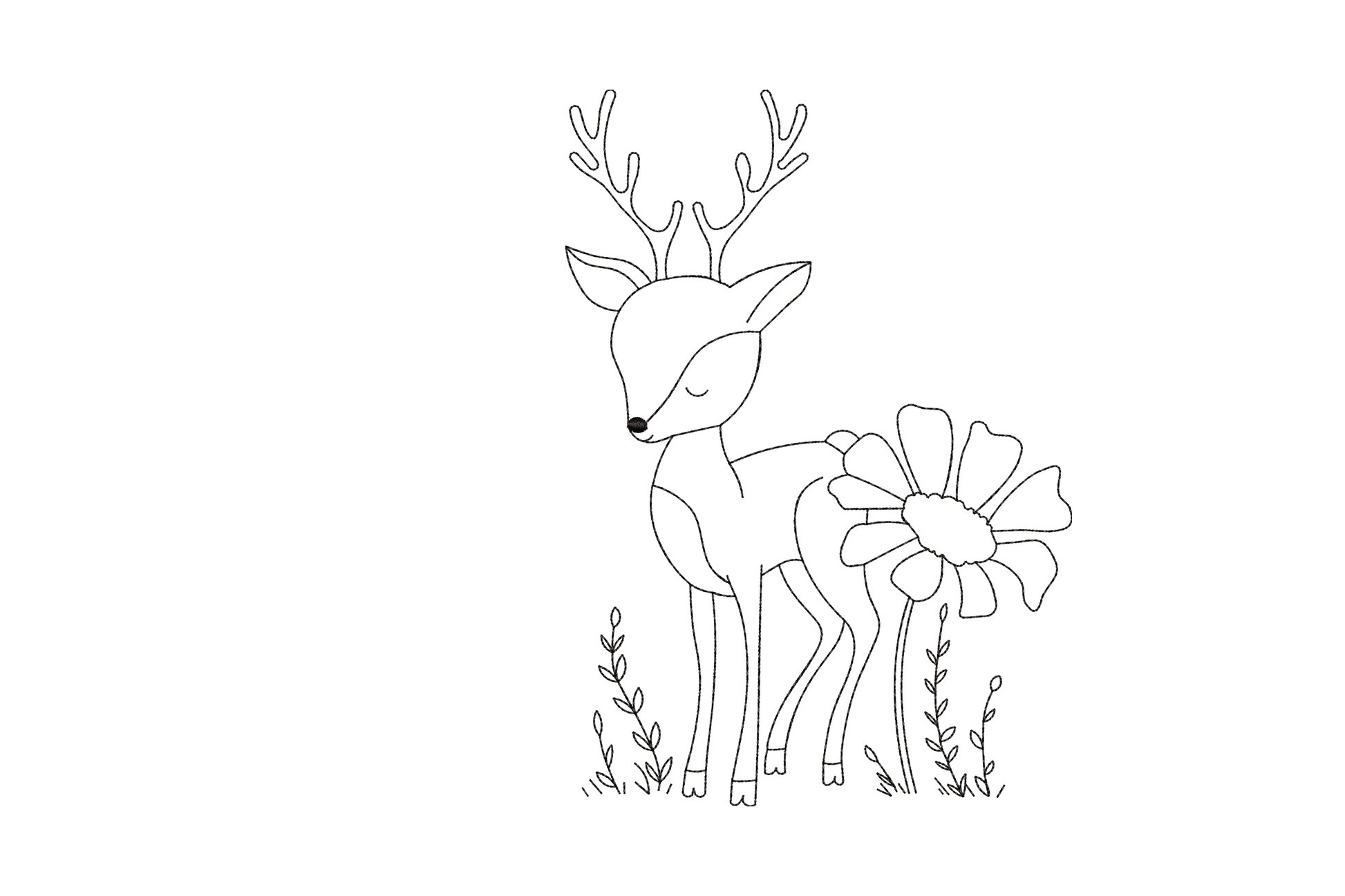 Baby deer with antlers outline embroidery, standing fawn with branching antlers, wildflower and grass sprigs, fine line.