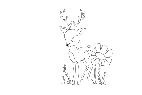 Baby deer with antlers outline embroidery, standing fawn with branching antlers, wildflower and grass sprigs, fine line.