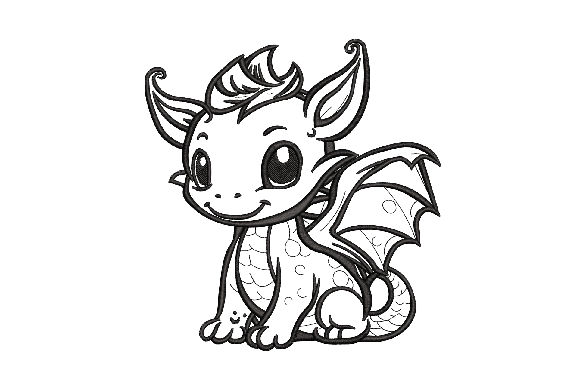 Baby dragon outline embroidery design in single black running stitch, seated with big round eye, spiky hair, folded wing and scale-detailed curled tail.