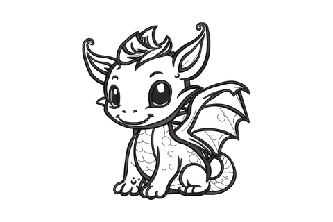 Baby dragon outline embroidery design in single black running stitch, seated with big round eye, spiky hair, folded wing and scale-detailed curled tail.