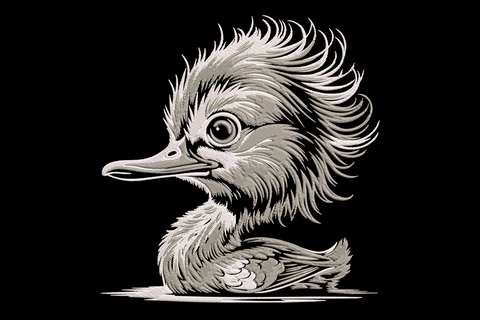 Baby duck sketch embroidery design with fine directional feather lines in white and grey thread on cream fabric.