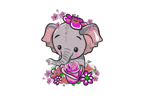 Baby elephant with flower wreath, soft grey body with pastel pink and sage floral details, nursery illustration embroidery.
