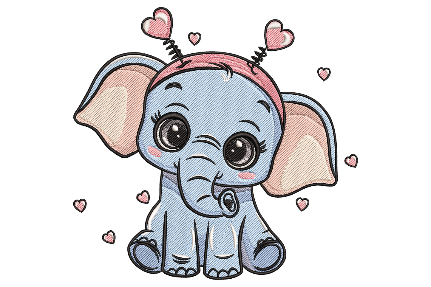 Baby elephant kawaii embroidery design sitting with pink heart headband, big glossy eyes and floating hearts in baby blue and pink.