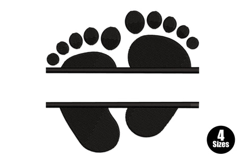 Baby feet split monogram embroidery design in black thread, footprints split horizontally with blank centre strip for a name.