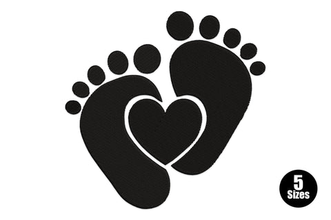 Baby feet with heart center embroidery design in black thread, two angled footprints with a small open heart between them.
