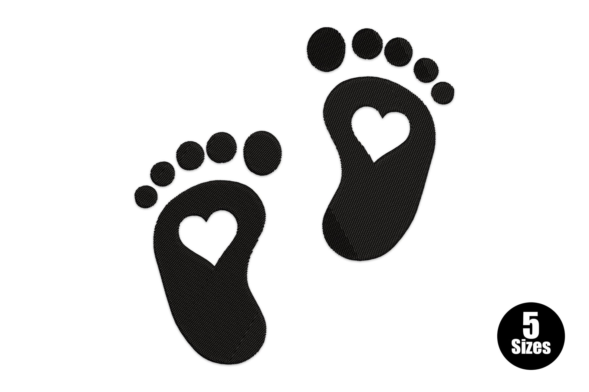 Baby feet with heart cutout embroidery design in black thread, two side-by-side footprints with heart windows on each sole.