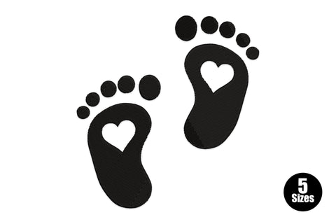 Baby feet with heart cutout embroidery design in black thread, two side-by-side footprints with heart windows on each sole.
