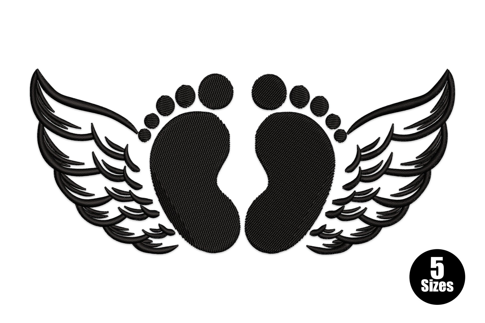 Baby feet with wings embroidery design in black thread, two solid footprints flanked by detailed feathered angel wings.