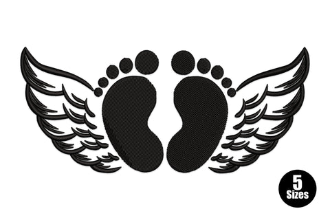 Baby feet with wings embroidery design in black thread, two solid footprints flanked by detailed feathered angel wings.