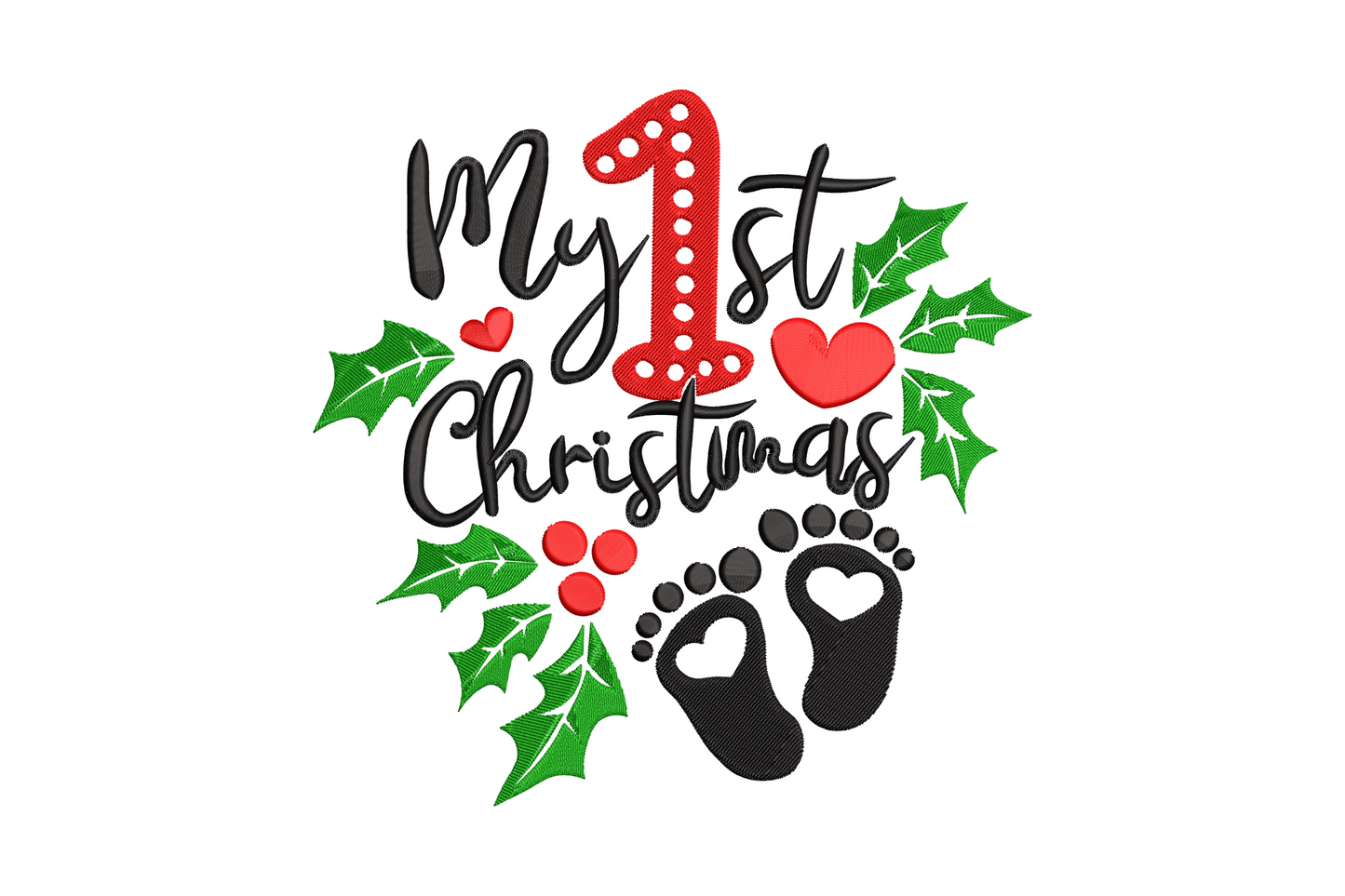 Baby First Christmas footprints embroidery design with soft pink footprints, green holly sprig and My 1st Christmas script.