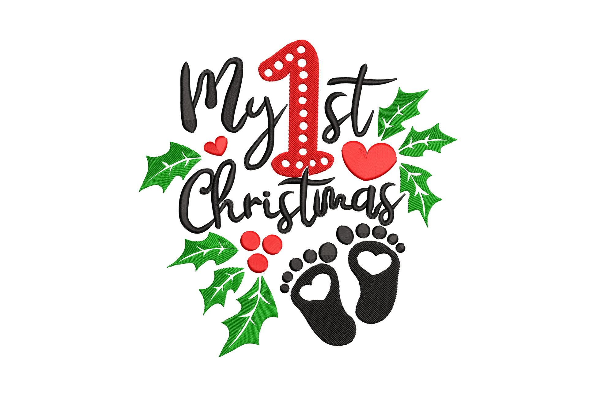 Baby First Christmas footprints embroidery design with soft pink footprints, green holly sprig and My 1st Christmas script.
