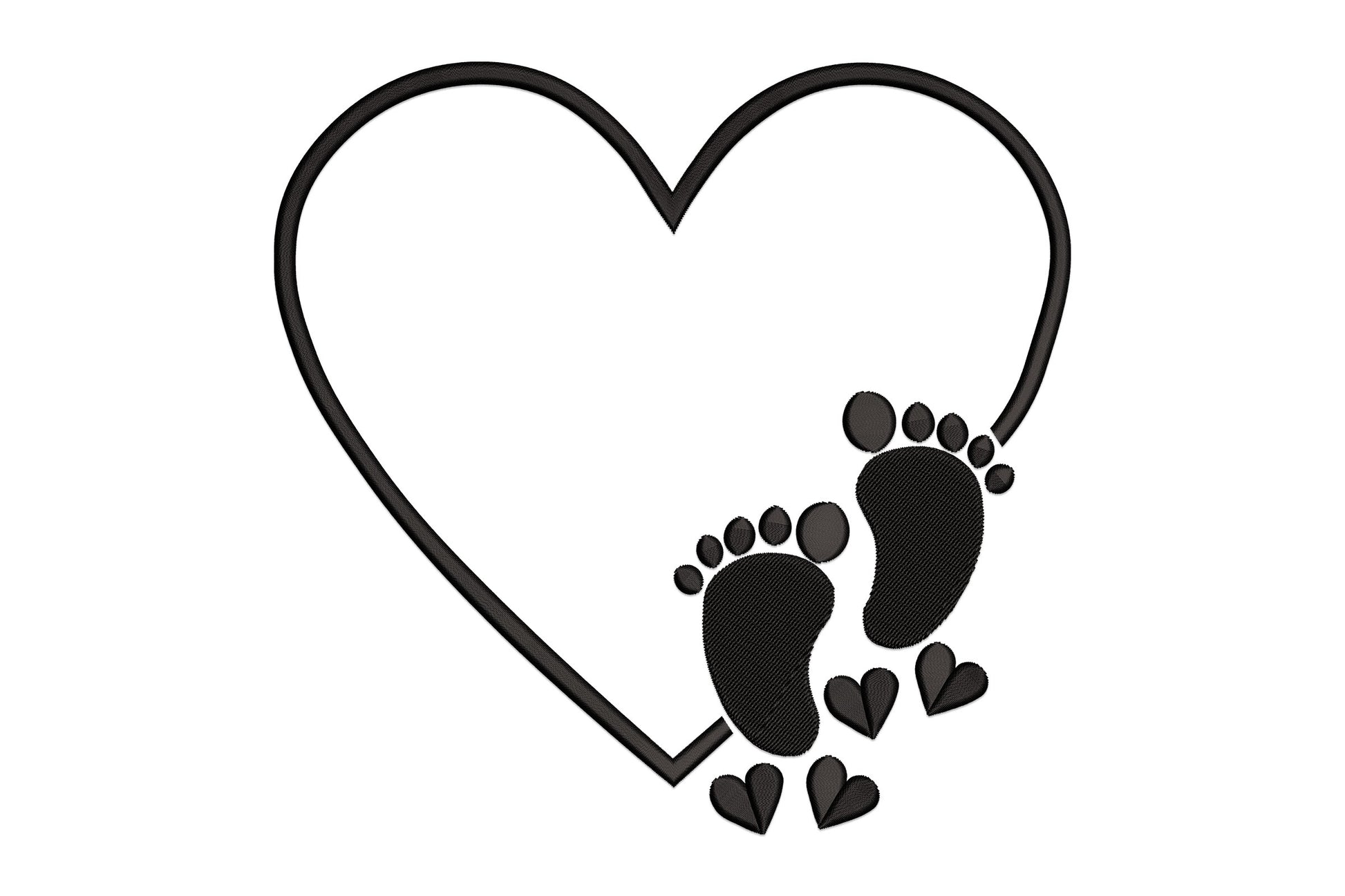 Baby footprints heart embroidery, thin outline heart with solid footprints breaking out at the corner and three small hearts.