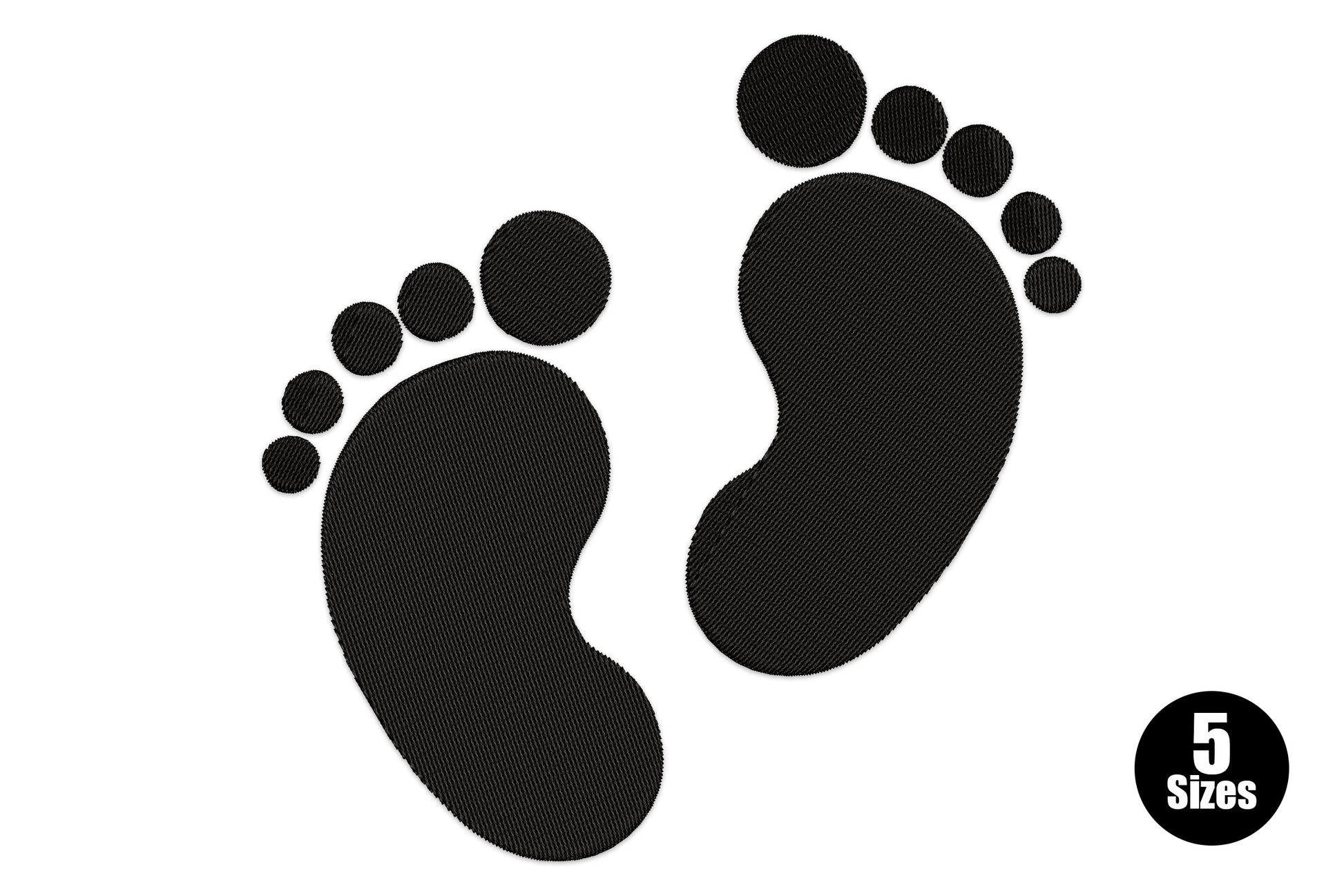 Baby footprints outline embroidery design in black thread, two solid side-by-side prints with separated toe pads.
